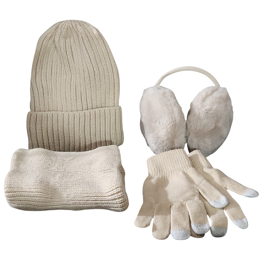 Beige Winter Accessory Set Beanie Neck Warmer Earmuffs Gloves Socks 5-Piece Set - Picture 4 of 4